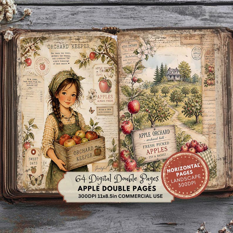 May include: An open book displaying digital pages with an orchard theme. The left page features a girl holding a crate labeled Orchard Keeper with apples. The right page shows an apple orchard landscape with text reading Apple Orchard and Fresh Picked Apples.