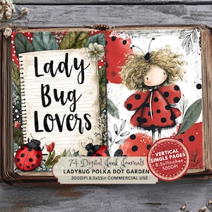 Puede incluir: Un diario digital con el texto "Lady Bug Lovers" en la página izquierda. La página derecha presenta una ilustración con temática de mariquita de una niña con un vestido rojo con lunares negros. Un círculo rojo con texto está en la página derecha.