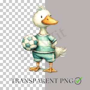 May include: A watercolour illustration of a duck in a teal and white striped soccer kit, holding a soccer ball. The duck has an orange beak and feet, with orange and white striped socks. The image has the text "TRANSPARENT PNG".