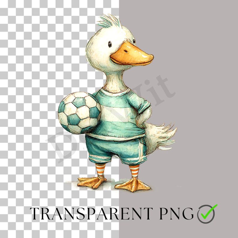 May include: A watercolour illustration of a duck in a teal and white striped soccer kit, holding a soccer ball. The duck has an orange beak and feet, with orange and white striped socks. The image has the text "TRANSPARENT PNG".