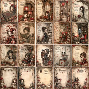 May include: A collection of twenty illustrated stationery sheets featuring gothic-style characters, books, and dark motifs. Each sheet includes decorative borders, aged paper textures, and various text headings like Spells, Planner, and Memories.