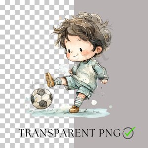 May include: A watercolour illustration of a child kicking a football. The child is dressed in light blue clothing and brown shoes. The football is black and white. The text "TRANSPARENT PNG" is at the bottom.