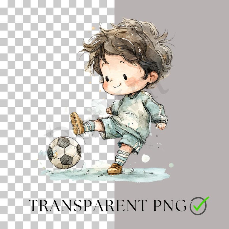 May include: A watercolour illustration of a child kicking a football. The child is dressed in light blue clothing and brown shoes. The football is black and white. The text "TRANSPARENT PNG" is at the bottom.
