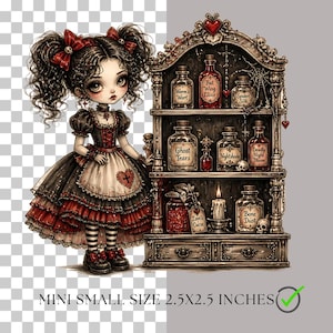 Puede incluir: Una ilustraci&oacute;n digital de una ni&ntilde;a de pelo oscuro con un vestido negro y rojo junto a un estante de boticario de madera lleno de frascos etiquetados, una vela y calaveras. El texto dice MINI SMALL SIZE 2.5X2.5 INCHES con una marca de verificaci&oacute;n verde.