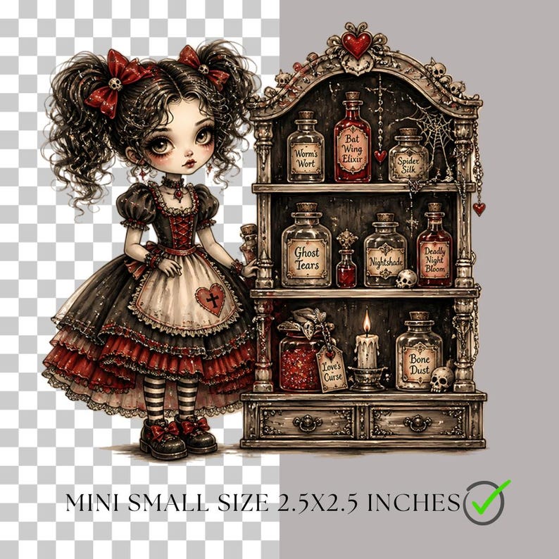 Puede incluir: Una ilustraci&oacute;n digital de una ni&ntilde;a de pelo oscuro con un vestido negro y rojo junto a un estante de boticario de madera lleno de frascos etiquetados, una vela y calaveras. El texto dice MINI SMALL SIZE 2.5X2.5 INCHES con una marca de verificaci&oacute;n verde.