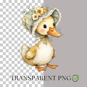 Puede incluir: Ilustraci&oacute;n en acuarela de un patito encantador con un gorro floral con ribete de encaje. El patito tiene un cuerpo amarillo, pico y patas naranjas y una cinta azul claro. El texto "TRANSPARENT PNG" es visible.