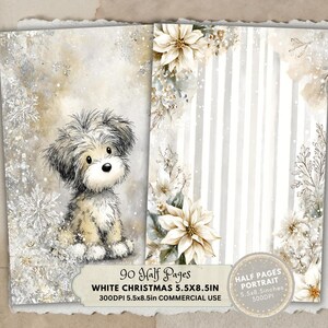 May include: A digital scrapbook page with a winter theme. It features a cute, fluffy dog illustration, snowflakes, and poinsettias. The page has a soft, neutral color palette with text that reads "White Christmas 5.5x8.5in". The page is 5.5 x 8.5 inches.