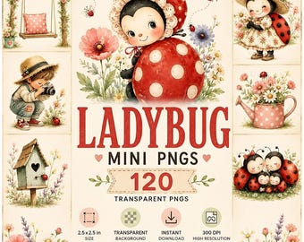 Ladybug Ephemera Bundle, Transparent Garden Illustrations, Beetle Graphics, Nature Elements Pack, Printable Insect Art