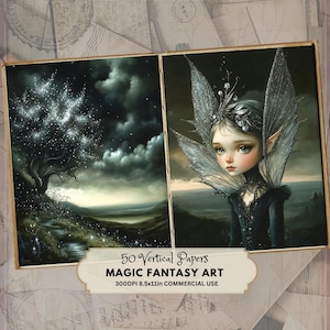 Könnte beinhalten: Zwei gerahmte Fantasy-Kunstdrucke. Einer zeigt einen leuchtenden Baum auf einem Hügel unter einem bewölkten Himmel. Der andere zeigt eine Fee mit silbernen Flügeln und einer Juwelenkrone. Text auf einem Banner lautet "50 Vertical Papers MAGIC FANTASY ART".