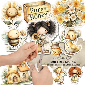 Può includere: Illustrazioni ad acquerello di adesivi a tema api e miele. Gli adesivi includono un girasole sorridente, un'ape, una ragazza con un girasole, un'anatra, un barattolo di miele e una scatola di legno con la scritta "Pure Honey". Il testo "100 Fussy Cuts" è visibile.