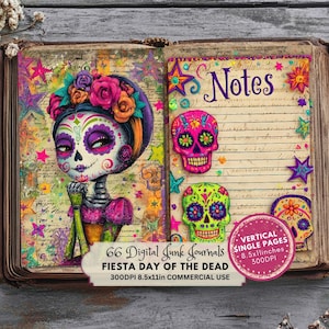 May include: A digital junk journal open to two pages. One page features a colourful illustration of a sugar skull with floral accents. The other page has lined paper with the word "Notes". Includes text: "Fiesta Day of the Dead".