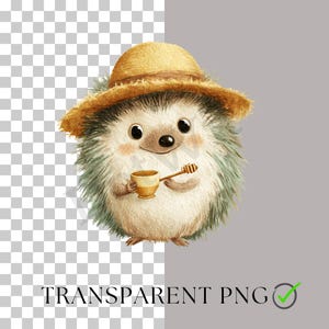 Puede incluir: Ilustraci&oacute;n en acuarela de un lindo erizo con un sombrero de paja, sosteniendo una peque&ntilde;a taza y un cuchar&oacute;n de miel. El erizo tiene un sombrero marr&oacute;n claro, una cara blanca y p&uacute;as verdes y marrones. El texto "TRANSPARENT PNG" est&aacute; en la parte inferior.
