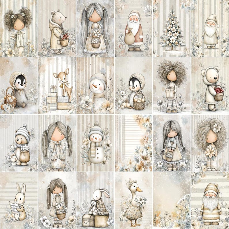 May include: A collage of whimsical illustrations featuring winter and holiday themes. The images include characters like Santa Claus, snowmen, penguins, and woodland creatures, all rendered in soft, muted tones with floral accents. The overall aesthetic is gentle and inviting.