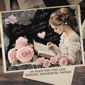 Kit de diario digital con corazones, efímeras de encaje negro y rosa, efímeras imprimibles, páginas de álbumes de recortes, amor vintage, diseños de corazones