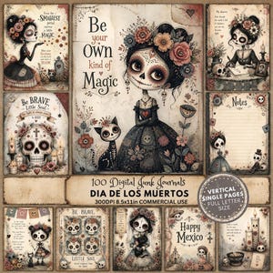 Peut inclure: Une collection de pages de journal créatif numérique sur le thème du Dia de los Muertos avec des illustrations de personnages au visage peint en crâne, des chats, des fleurs et des bougies. Le texte inclut Be your own kind of Magic.
