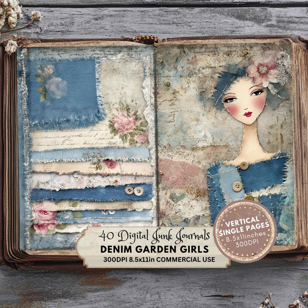 Denim Garden Girls Junk Journal Pages: Vintage Collage Sheets (digital ...