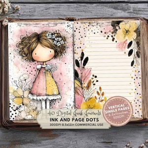 Ink und Page Junk Journal, druckbare Ephemera, digitaler Download, Journal Seiten, Scrapbooking Zubehör, Bastelkits, Punkte Mädchen im Garten