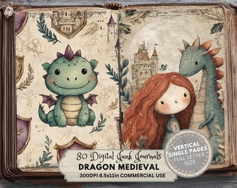 Medieval Dragon Junk Journal Pages: Middle Ages Printable Ephemera (Digital Download, Letter Full Size)