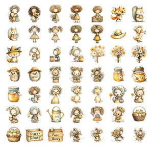 Puede incluir: Una colecci&oacute;n de ilustraciones en acuarela con adorables criaturas del bosque y ni&ntilde;os. Las im&aacute;genes incluyen un zorro, una ardilla, un conejo, un oso y patos, junto con tarros de miel, flores y regaderas. Las ilustraciones son en colores pastel suaves.