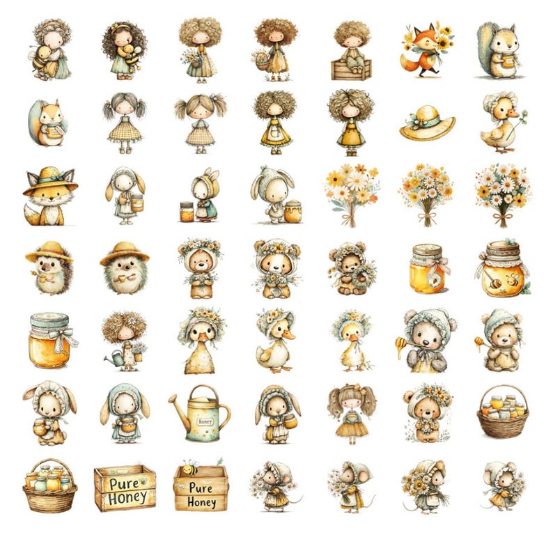 Puede incluir: Una colecci&oacute;n de ilustraciones en acuarela con adorables criaturas del bosque y ni&ntilde;os. Las im&aacute;genes incluyen un zorro, una ardilla, un conejo, un oso y patos, junto con tarros de miel, flores y regaderas. Las ilustraciones son en colores pastel suaves.