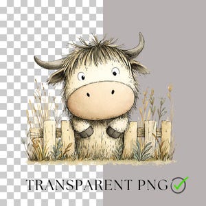 May include: A watercolor illustration of a cartoon Highland cow with a light beige coat, large horns, and a light brown snout. The cow is behind a wooden fence with tall grass and foliage. The text "TRANSPARENT PNG" is at the bottom.