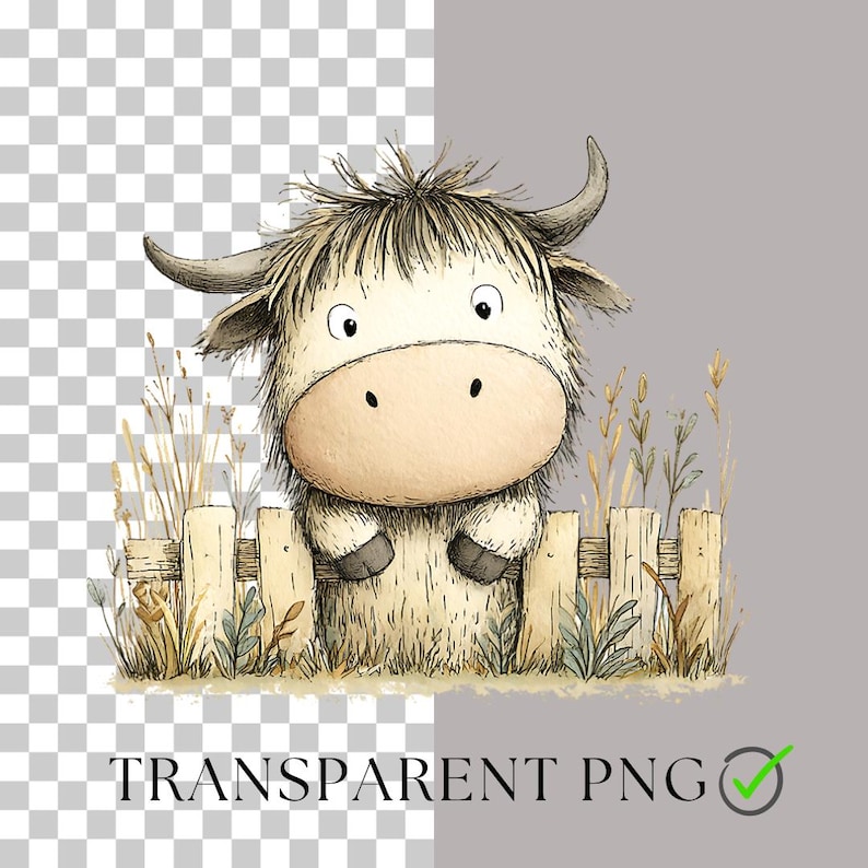 May include: A watercolor illustration of a cartoon Highland cow with a light beige coat, large horns, and a light brown snout. The cow is behind a wooden fence with tall grass and foliage. The text "TRANSPARENT PNG" is at the bottom.