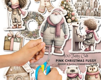 Puede incluir: Una colección de pegatinas recortadas con temática navideña rosa. Las pegatinas presentan ilustraciones de Papá Noel, un hombre de jengibre, un árbol de Navidad, una casa y otros personajes festivos. El texto "100 Fussy Cuts" y "Pink Christmas Fussy" es visible.