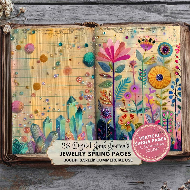May include: 26 digital junk journal pages with a whimsical illustration of colorful flowers and crystals on a vintage notebook background. The text "JEWELRY SPRING PAGES" is in the bottom center of the image. The text "VERTICAL SINGLE PAGES 8.5x11 inches 300DPI" is in a pink circle in the bottom right corner of the image.