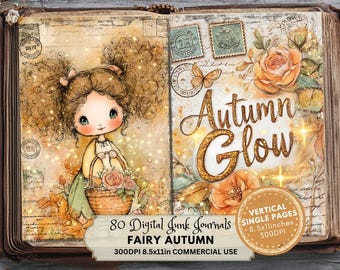 May include: Digital junk journal with a fairy theme. The illustration features a whimsical girl with curly hair holding a basket of flowers. The text "Autumn Glow" is displayed with floral accents. Includes the text "80 Digital Junk Journals" and "8.5x11 inches".