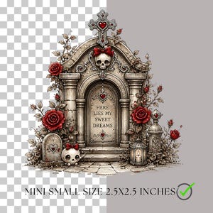 Puede incluir: Un gr&aacute;fico de l&aacute;pida con un arco central que contiene el texto 'HERE LIES MY SWEET DREAMS', adornado con rosas rojas, una calavera con un lazo rojo y una cruz. El dise&ntilde;o incluye una peque&ntilde;a calavera y una linterna, midiendo 6,35x6,35 cm.
