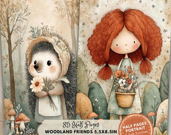 Woodland HALF PAGES Junk Journal Kit: Forest Watercolor Animals Ephemera (Digital Download, Portrait 5.5x8.5in)