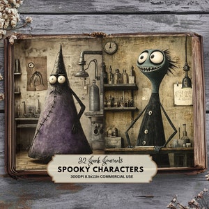 Gruselige Gothic Halloween Charaktere Junk Journal Seiten, Gothic Halloween Printable, Vintage Monster Ephemera, gotische Monster in Apotheker