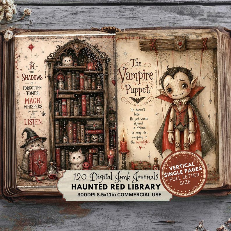 May include: A digital junk journal page titled The Vampire Puppet featuring a gothic library with shelves of books, skulls, and cats. Text includes In the Shadows of Forgotten Tomes, Magic Whispers to Those Who Still Listen, and 120 Digital Junk Journals.