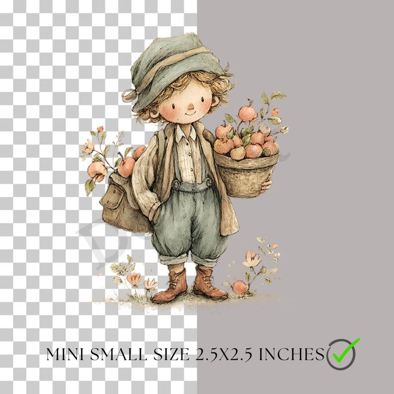 May include: Watercolor illustration of a young person in a hat and overalls, carrying a basket of apples and a satchel. The image is labeled "MINI SMALL SIZE 2.5X2.5 INCHES". The color palette includes soft greens, browns, and oranges.