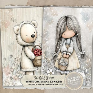 May include: Two-page spread featuring watercolor illustrations. One page shows a bear in a white hooded outfit holding a basket of red berries. The other page depicts a girl with long gray hair holding a basket of white flowers. Text reads "WHITE CHRISTMAS 5.5X8.5IN".