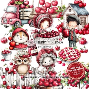 Op de afbeelding: Een verzameling aquarel illustraties met kersen. Bevat een roze vrachtwagen, een meisje, een jongen, een taart en diverse dieren, allemaal omringd door rijpe rode kersen. De tekst luidt "150 CHERRY MINI PNGS COLLECTION" en "TRANSPARENT PNG 2.5X2.5 IN 300 DPI".