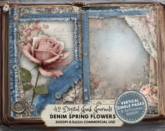 Denim Junk Journal Pages: Shabby Chic Floral Ephemera (Digital Download)