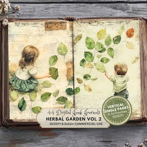 Herbal Garden Junk Journal Pages VOL 2, papéis digitais de jardim floral, scrapbooking, páginas botânicas, vegetação, páginas florais, itens efêmeros de jardim