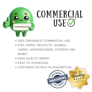 May include: A green cartoon character with a thumbs-up gesture holds a sign that says "Commercial Use." The image includes text stating "100% Originals! Commercial Use," and "High Quality 300DPI." There are also two circular seals that say "Original" and a gold star that says "High-Res Quality."