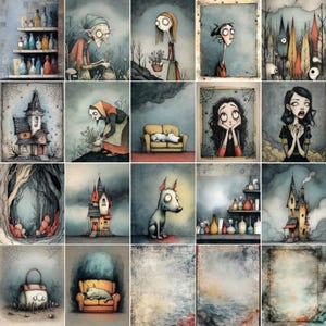 May include: A collection of watercolor illustrations with a spooky theme. The images feature characters, houses, and scenes with a dark, gothic aesthetic. The color palette is dominated by muted blues, grays, and browns, creating a haunting atmosphere.