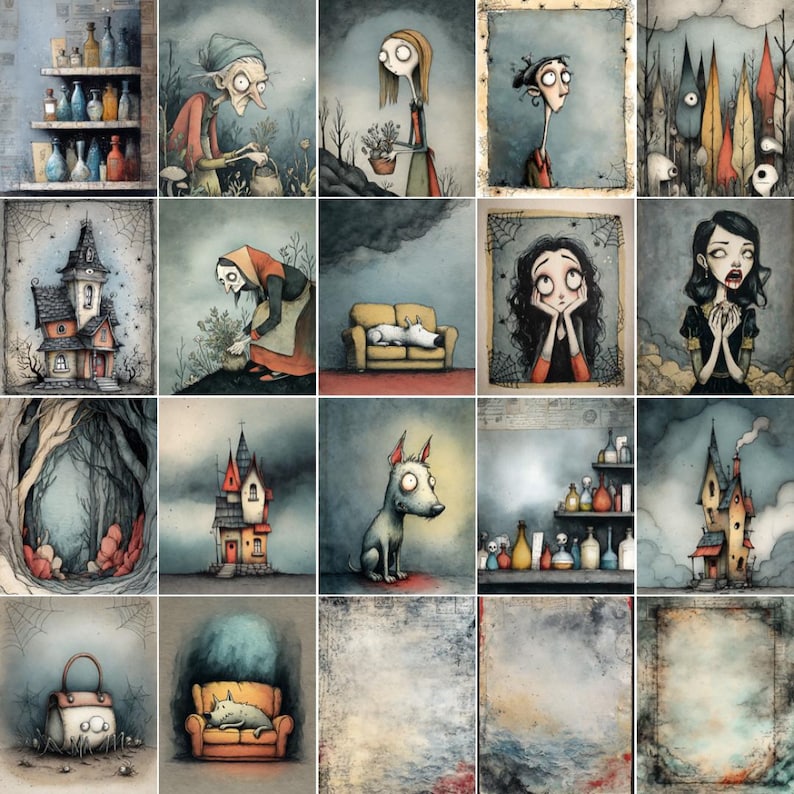 May include: A collection of watercolor illustrations with a spooky theme. The images feature characters, houses, and scenes with a dark, gothic aesthetic. The color palette is dominated by muted blues, grays, and browns, creating a haunting atmosphere.