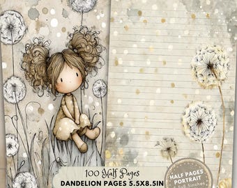 Dandelion Half Pages: Floral Stationary Elegant Cards (Digital Download, Portrait 5.5x8.5 in)