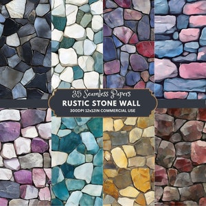 May include: 35 Seamless Papers Rustic Stone Wall 300DPI 12x12in Commercial Use. A collage of eight different seamless patterns of stone walls in various colors, including gray, blue, purple, red, and brown.