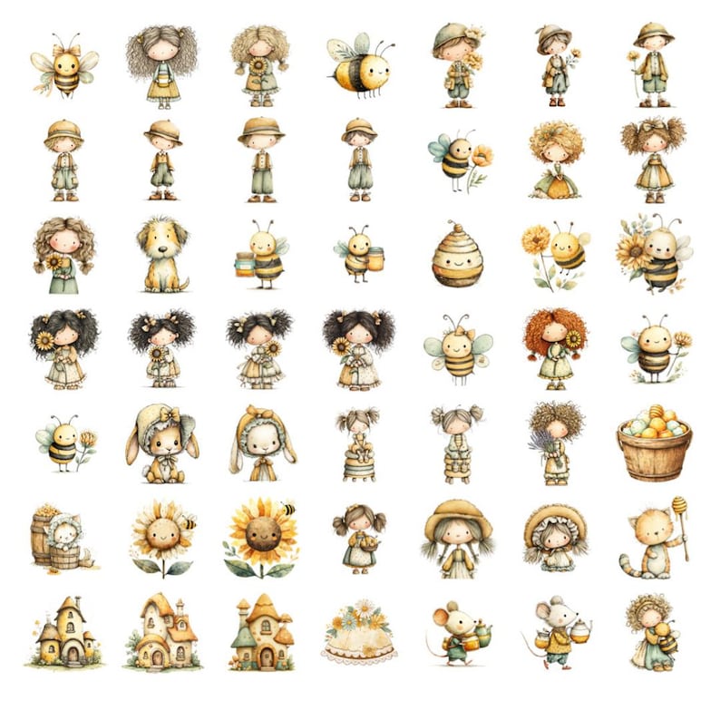 Puede incluir: Una colecci&oacute;n de pegatinas de acuarela con ilustraciones caprichosas. Los dise&ntilde;os incluyen abejas, ni&ntilde;os, conejos, girasoles, casas y ratones, todos en tonos suaves de amarillo, beige y marr&oacute;n. Las pegatinas tienen una est&eacute;tica de cuento de hadas.