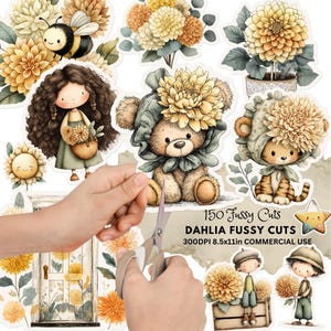 Puede incluir: Una colección de pegatinas recortadas de Dahlia con ilustraciones de un oso de peluche, un cachorro de tigre, una niña, una abeja y elementos florales. El texto "150 Fussy Cuts" y "Dahlia Fussy Cuts" es visible. La imagen mide 21,59x27,94 cm.