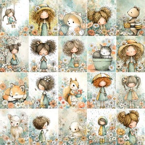 May include: A collection of watercolor illustrations featuring whimsical girls, animals, and flowers. Each image showcases a different scene, including a girl on a swing, a sleeping fox, a cat in a pot, and a squirrel with flowers. The color palette is soft and pastel.
