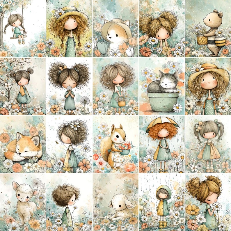 May include: A collection of watercolor illustrations featuring whimsical girls, animals, and flowers. Each image showcases a different scene, including a girl on a swing, a sleeping fox, a cat in a pot, and a squirrel with flowers. The color palette is soft and pastel.