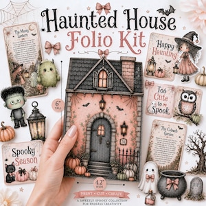 May include: A Haunted House Folio Kit featuring a central house structure measuring 6 inches tall and 4.2 inches wide. The kit includes various die-cut elements like a witch, owl, ghost, cauldron, pumpkins, lanterns, and cards with text.