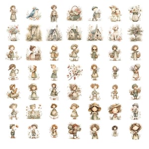 May include: A collection of watercolor stickers featuring vintage-style illustrations. The stickers depict children, animals, flowers, and small houses in soft, muted colors. The designs evoke a nostalgic, storybook aesthetic, perfect for scrapbooking or crafting projects.