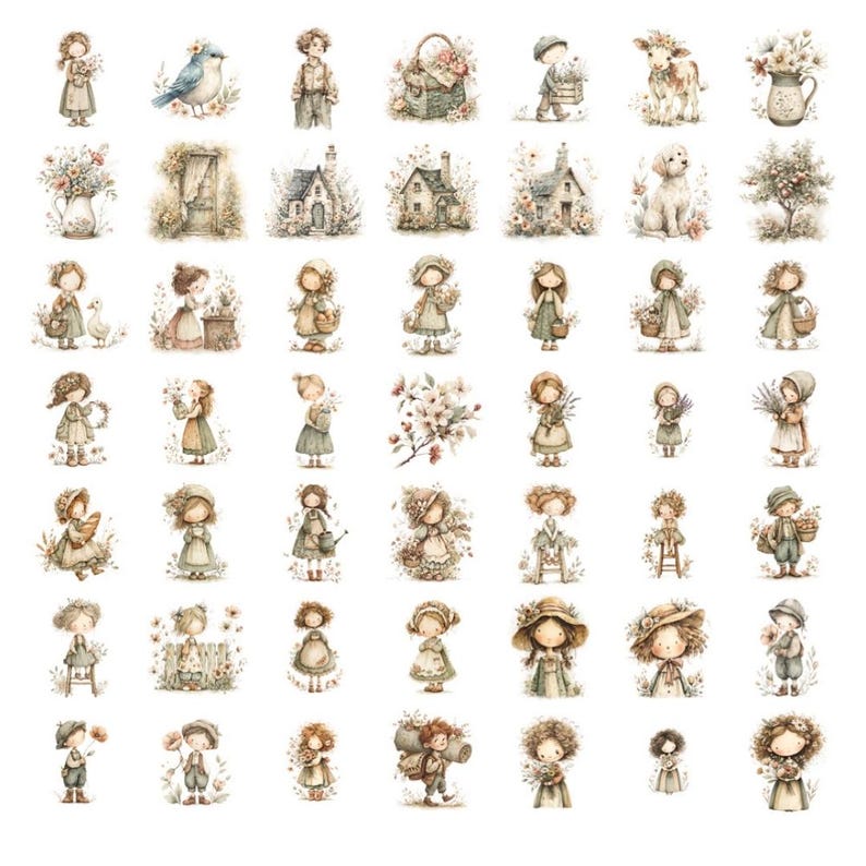 May include: A collection of watercolor stickers featuring vintage-style illustrations. The stickers depict children, animals, flowers, and small houses in soft, muted colors. The designs evoke a nostalgic, storybook aesthetic, perfect for scrapbooking or crafting projects.